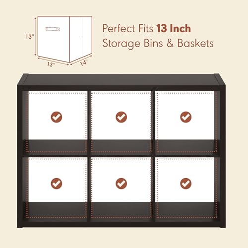 Image of Furinno Cubicle Record Player Stand with Vinyl Storage, 6-Cube 1.2 Extra Thick Vinyl Record Storage, Open Back Media Shelf for CD DVD Blueray Game Disc, for Living Room, Home Office, Black Dark Oak