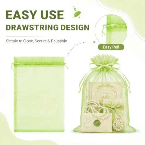 Image of FUNFERY 100PCS Apple Green Organza Gift Bags 6x9in,Drawstring Jewelry Pouch