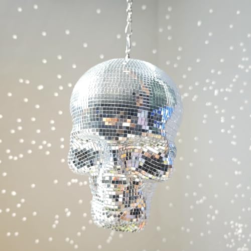 Hanging Disco Halloween Skull Head, 6x6x8inch Handmade Sculpture Shiny, Disco Skeleton Head, Skull Model, Unique Reflective, Party, Home, Holiday Ornament Decoration, Silver