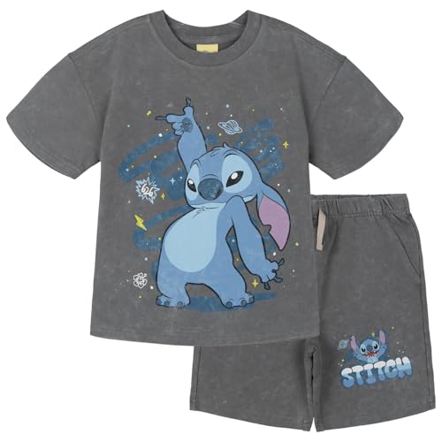 Disney Lilo & Stitch Little Boys Graphic Drawstring French Terry Short Sleeve Tee and Shorts Outfit Slate Gray 7-8