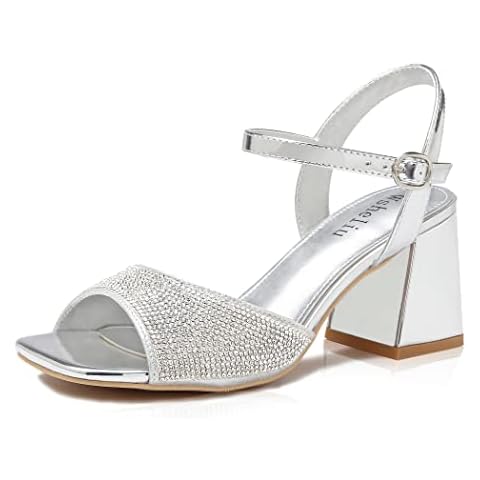 Wsheliu Rhinestone Chunky Sparkly Heels Sandals For Women Strappy Square Toe Heel Open Toe Glitter Prom Wedding Party Dress Pumps Shoes Cover