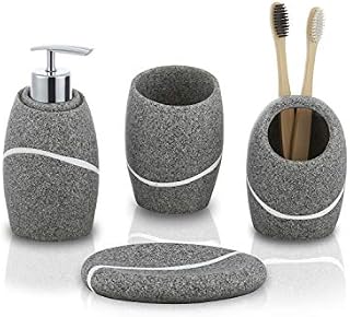 zccz Grey Bathroom Accessory Set 4 Pieces - Bathroom Organiser with Tootbrush Holder, Lotion Soap Dispenser, Vanity Tray and Soap Dish - Modern Bathroom Decor - Bathroom Accessories Set