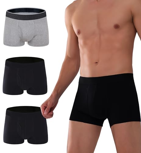 AIRCUTE Men Urine Incontinence Underwear Fly Front Opening Absorbent Leak Proof Boxer Brief for leaks 60 ML 3 Pack(Large Black-Black-Gray)