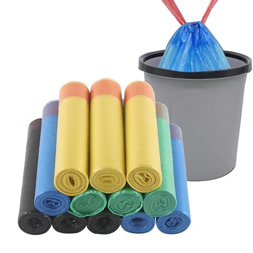 HVDHYY 10L-15L Bolsa Basura Con Cordón,12 Rollos/180 Piezas, Adecuadas Para Bolsas De Basura De Oficina, Apartamento, Sala De Estar, Dormitorio, Baño (negro, Azul, Amarillo, Verde)