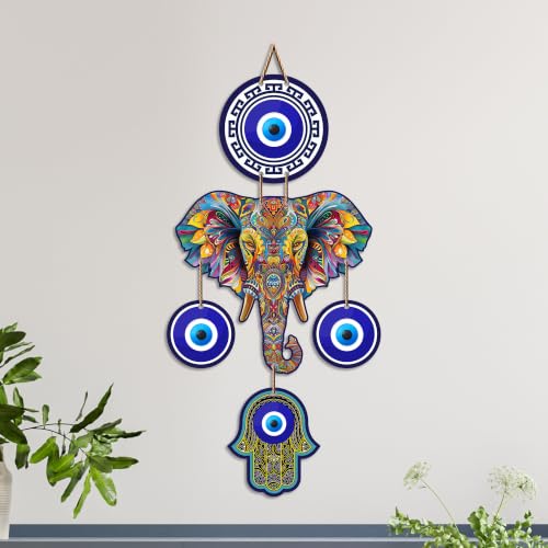 Image of Artvibes Elephant Family Evil Eye Wall Hanging for Home Entrance | Nazar Battu MDF Wall Decor | Positive Energy Vastu Art for Living Room | Hallway | Office & Main Door | Gift Item (WH 8549N)