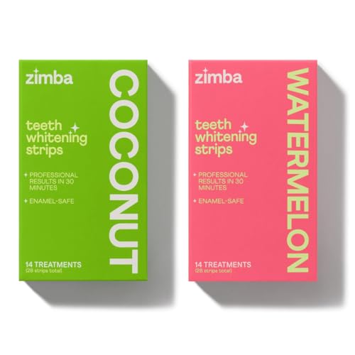 Zimba Teeth Whitening Strips for Teeth Sensitive, White Strips for Teeth Whitening, Teeth Whitener Stain Remover 28 White Strips Included Per Pack, 2 Pack (14 Day Treatment), Coconut and Watermelon