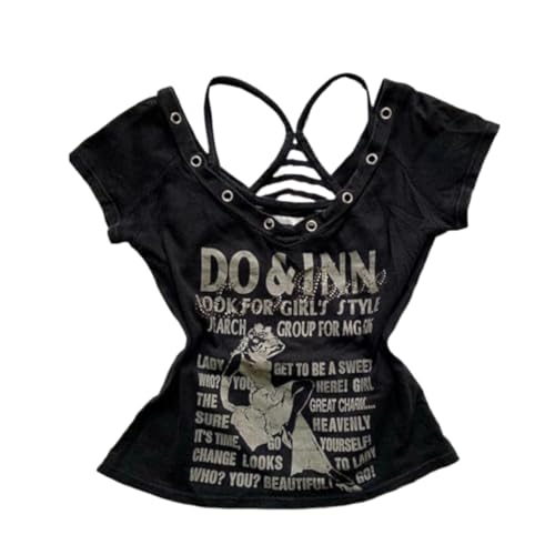 Emo Grunge Shirts Women 2000s Graphic Baby Tees Fake Two Piece Short Sleeve Vintage Y2k Crop Top Goth Alt Clothes