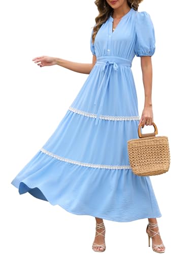 Dressystar Women's Puff Sleeve Boho Maxi Dress V Neck Tiered Summer Wedding Guest Beach Vacation Dresses 2025