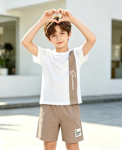 Image of Ayzozuy Boy Clothes Colorblock Top + Drawstring Waist Shorts 2 Pieces Kid Summer Outfits Set