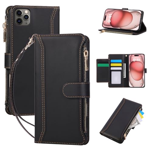 Image of Jeffene Wallet Case for iPhone 14 Pro with Lanyard - Shockproof Magnetic Flip Case with Card Holder & Zipper Pocket | Protective PU Leather Phone Cover with Kickstand for Women & Men (Black)