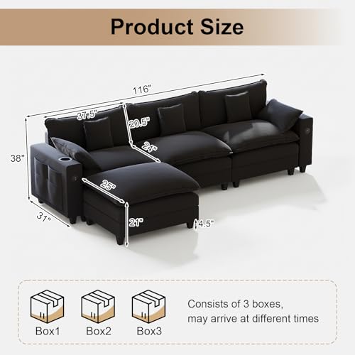 Image of KCGKCG 116 inch Modular Sectional Couch, L Shaped Cloud Sofa with Movable Ottoman, Chenille Deep Seat Cloud Couch with Charging Station, Cup Holder, Side Pocket, Sectional Couches for Living Room, Black