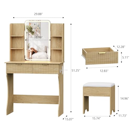 Image of Small Vanity Desk with Mirror and Lights, Makeup Vanity with LED Lighted Mirror, Fluted Vanity with Lights Desk and Chair, 3 Lighting Adjustable Dressing Table with Charging Station for Women,Girls