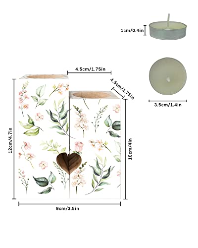 Flower Plant Candle Holders Set, Wooden Tealight Candle Holder Gifts For Women, Spring Green Leaves Botanical Pink Floral Rustic Candlesticks Holder Decor For Wedding Dinning Party #TOP2