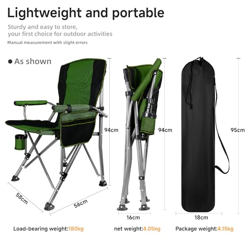 Image of Heavy Duty Folding Camping Chair Supports 400 LBS, Hard Arm Portable Outdoor Chair with Cup Holder & Storage Bag, Foldable Collapsible for Camp, Picnic, Lawn, Fishing,Green