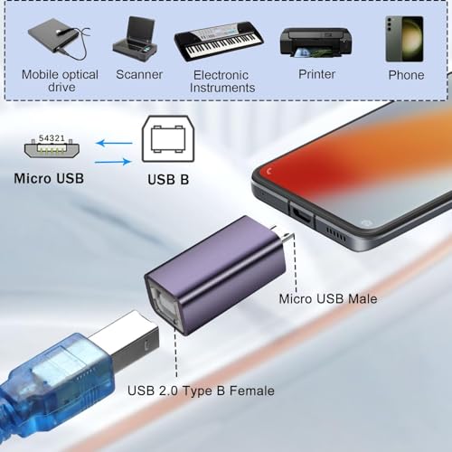 Image of ETZIN Micro USB Male to USB B Female Printer Connector Micro USB Plug to MIDI Jack Electronic Instrument Adapter 480Mbps 7W Charging, Al Housing, for Electronic Piano /Drum Printer Scanner,EPL-1578CC