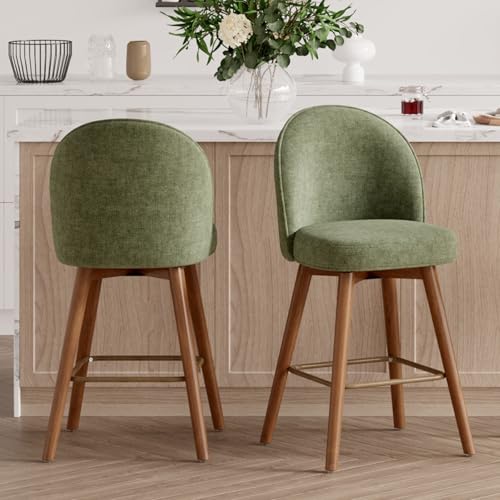 Image of Modern Swivel Bar Stools Set of 2, Chic Upholstered Counter Height(26IN) Bar Chair with Back, Solid Wood Legs and Footrest, Comfortable Chenille Bar Stool for Kitchen Island, Soft Green