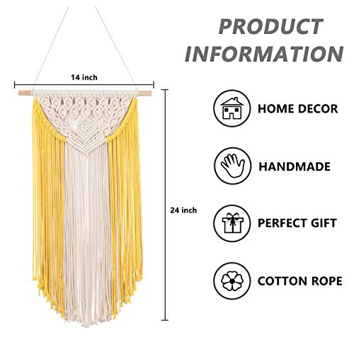 Rloncomix Macrame Wall Hanging Art Woven Wall Decor Cotton Bohemian Chic Macrame Tapestry For Bedroom Livingroom Apartment Dorm Nursery Gallery Decoration, Yellow, 14" Wx24 L #TOP1