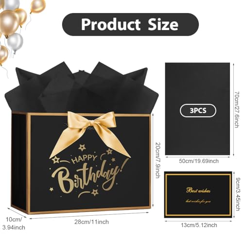 AOOSU Geschenktüte Geburtstag, Papier Geschenktüten mit Schleife + 1 Grußkarten + 3 Seidenpapier, Schwarz Geschenktaschen mit Henkel, Frauen Männer Birthday Gift Bag, Geschenkverpackung für Geschenk