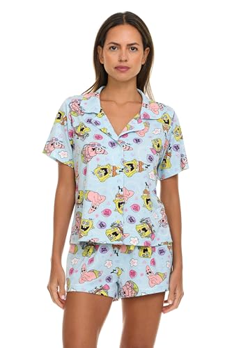 COCO BRANDS Spongebob Womens Pajama Set - Soft Stretchy Pajama Shorts & Short Sleeve Notch Collar Button Down Top Size Large Blue/Phone Call With Patrick