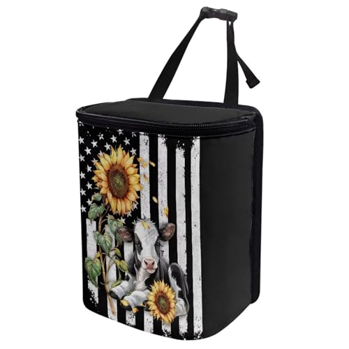 Image of Talayituse American Flag Sunflower Cow Print Car Trash Can with Adjustable Straps, Foldable Car Trash Bag Bin Car Garbage Bag Multipurpose Storage Box for Vehicle Travel Camping Picnicing