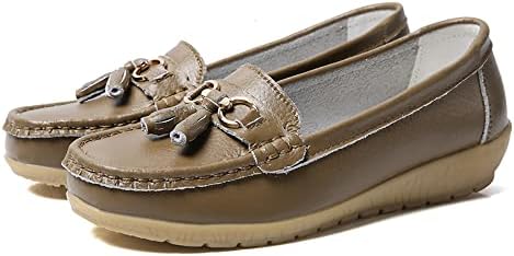 JeathFea Casual Women's Loafers Flat Metal Buckle Comfortable Lightweight Penny Loafers for Womens Leather Slip-on Outdoor Driving Moccasion Boat Shoes Khaki | Image 1
