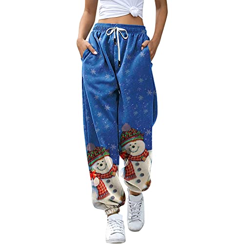 ROYIYI Weihnachts-Jogginghose für Frauen/Teenager-Mädchen, Niedliche Bedruckte Hoch Taillierte Joggerhose mit Weitem Bein Lounge-Trainingshose, Blau D Cover