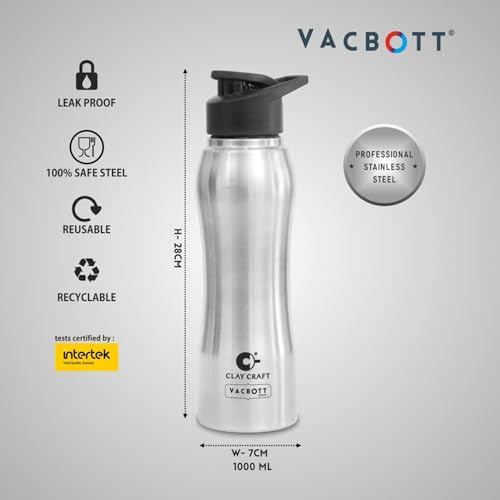 Image of Clay Craft VACBOTT Neo Single Walled Non Insulated Water Bottle-1000ML, 2-Piece(Silver) Leak Proof | Easy Grip |Easy To Carry| Gym Bottle | Home | Kitchen | Hiking | Treking Bottle | Travel Bottle