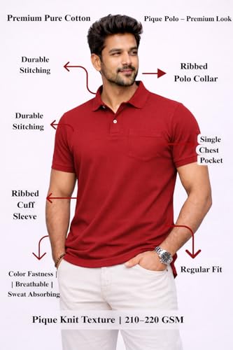 Image of Premium Pique Cotton Pocket Polo T-Shirt for Men | 210-220 GSM | Regular Fit | 2-Button Placket | Soft Breathable Fabric | XS-3XL