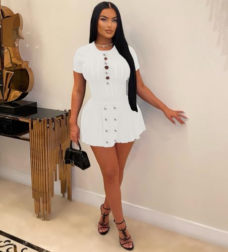 Image of Two Piece Outfits for Women Summer Going Out Knit Crop Tops Pleated Mini Skirt Sets Short Sleeve Mini Dress