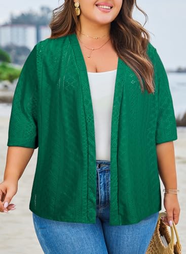 Image of Eytino Plus Size Cardigan for Women Half Sleeve Knitted Jacquard Summer Kimono Cover up Tops(1X-5X)