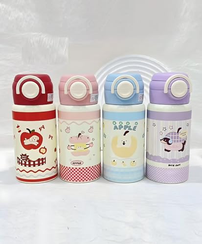 Image of Kids Stainless Steel Insulated Water Bottle with Double Lid & Dual Straw - 500ml Vacuum Flask, Portable Leak Resistant School Travel Drink Bottle for Children Pink