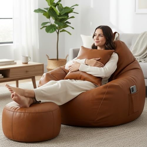 Image of KAM'S LIEU 5XL Bean Bag Combo with Footrest & Cushion | Filled with High Density EPS Beans | Comfortable Sofa for Living Room & Bedroom | 6 Months Warranty, Color- (TAN, 5XL, Classic)