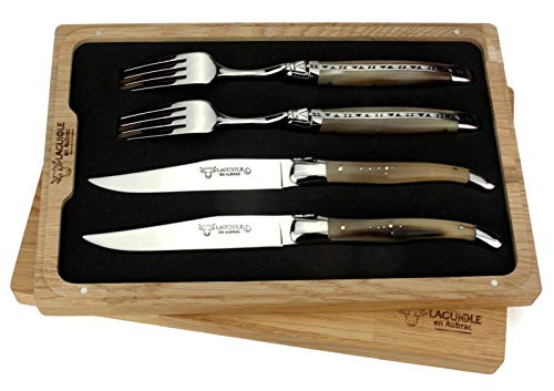 Laguiole en Aubrac - set of two genuine french steak knives and two forks - polished cattle horn tip handles - wooden gift box