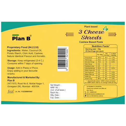 Image of Plan B Plant-Based 3 Cheese Shreds |Pack Of 2 (200 G Each) | Cheddar, Mozzarella & Parmesan Blend | Dairy-Free, Lactose-Free & Gluten-Free | Perfect for Pizza, Pasta & Sandwiches