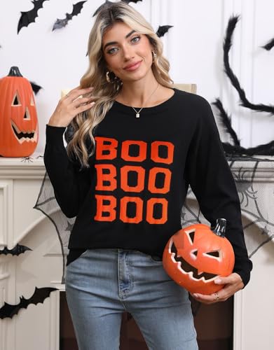 Image of Women's Lightweight Thin Knit Sweater Long Sleeve Crew Neck Boo Pattern Halloween Pullover (Black 76,Large)