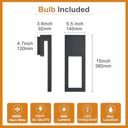 Image of 2-Pack Outdoor LED Lights Dimmable, 3000K Integrated LED 2x10W, 15 inch Modern Textured Black Outdoor Wall Sconce, IP65 Waterproof, Exterior Wall Light for Entrance, Hallway, Garage, Porch