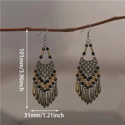 Handmade Vintage Bronze Bohemian Long Tassel Colorful Bead Dangle Drop Earrings Big Tribal Chandelier Geometry Hook Earrings for Women Statement Jewelry Gifts2