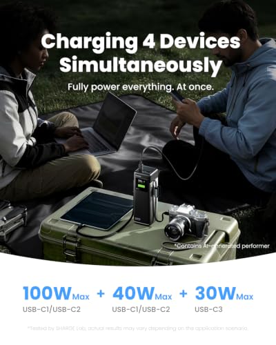 Image of SHARGE Laptop Power Bank 25000mAh, HyperTower 170W Total Fast Charging Portable Charger, 100W USB-C Power Bank with Built-in Cables, High Capacity Travel Battery Pack for MacBook, iPhone17, Galaxy S26