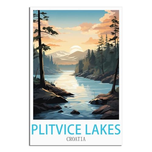 iPuzou Affiches de voyage vintage sur toile des lacs de Plitvice Croatie - 30 x 45 cm - Décoration murale - Impressions sur toile pour salon