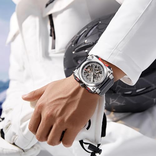 FEICE FM507 Men's Automatic Skeleton Black Analog-Digital Watch Mechanical Calendar Mens Black Wristwatch Square Sport Luminous Clock Watches 10ATM Waterproof Watches, Sport