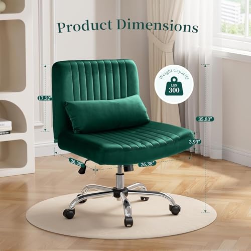 Image of Velvet Criss Cross Desk Chair with Wheels, Luxury Cross Legged Office Office, Swivel Wide Seat Vanity Chair, Armless Adjustable Height Gaming Chair Gift, Dusty (2, Green)