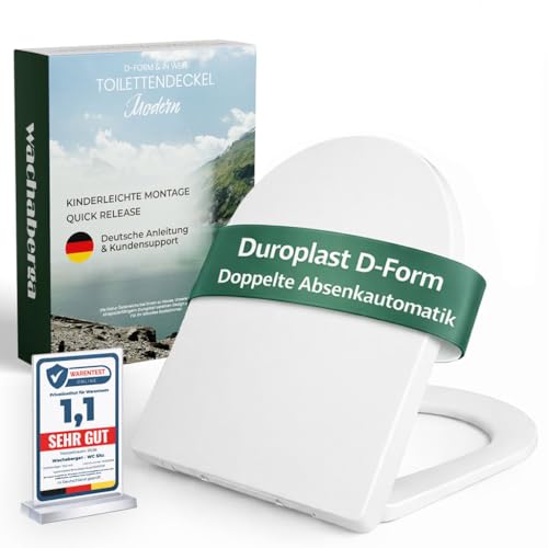 Toilettendeckel D Form mit Absenkautomatik abnehmbarer Toilettensitz Duroplast Klodeckel Softclose WC Sitz weiß inkl. 2 Montagesets & 6 Extra-Puffern ACHTUNG: NICHT KOMPATIBEL FÜR OVALE WCs