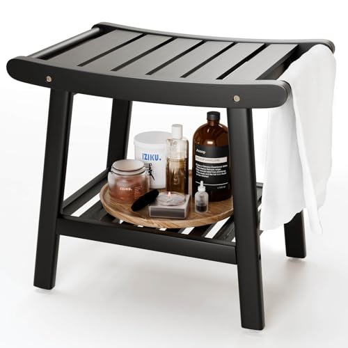 Bamboo Shower Bench Stool Shower Chair for Inside Shower with 2-Tier Storage Shelf Waterproof Shower Seat for Shaving Legs Spa Bathroom Shower Bench-Black