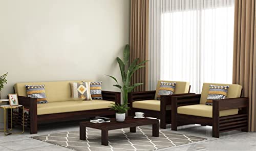 Image of Krishna Wood Decor Solid Sheesham Wood Sofa Set 5 Seater Living Room | Five Seater Sofa Set Home Office Furniture | Without Pillow | Wooden Sofa 5 Seater Set 3+1+1 | Sofa Set, Walnut Finish