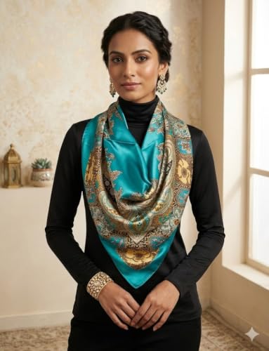 Image of Satin Square Head Scarf for Women, Floral Printed
