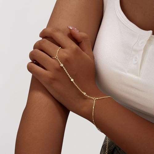 Bracelets for Women,14K Gold/Silver Plated Dainty Hand Chain Bracelets Trendy Ring Chain Bracelet Charm Gold Cuff Bangle Stackable Bracelets Fashion Body Jewelry Adjustable Waterproof Gifts for Her2