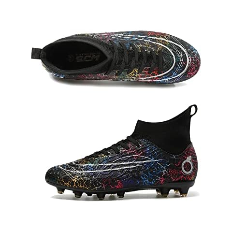Soccer Cleats High Top Spike Soccer Shoes for Men Youth Boys Girls Football Boots Athletic Outdoor Indoor Turf Lace-Up Competition Training Cleats Sneaker Shoes Professional Spikes Black 44 Cover