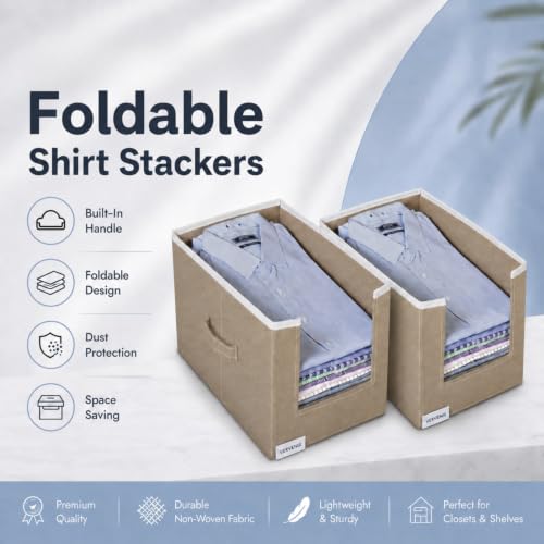 Image of VERVENIX Shirt Stacker Set of 2, Non Woven Foldable Clothes Storage Organizer with Handle, Wardrobe Closet Organizer, Space Saving Cloth Organizer for T-Shirts, Shirts, Jeans, Beige