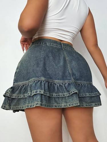 Women's Plus Size Denim Mini Skirt - Mid Rise Pleated Design, Summer Stretch Skirt2