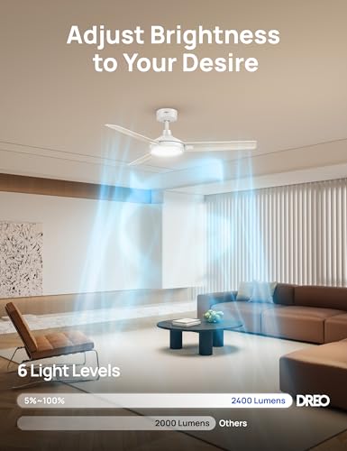 Image of DREO Ceiling Fans with Lights and Remote, 52'' White Ceiling Fan, 5CCT, 6-Level Dimmable, 6 Speeds, Quick-install, Quiet Reversible DC Motor, 1-4-8H Timer, Bedroom Ceiling Fan